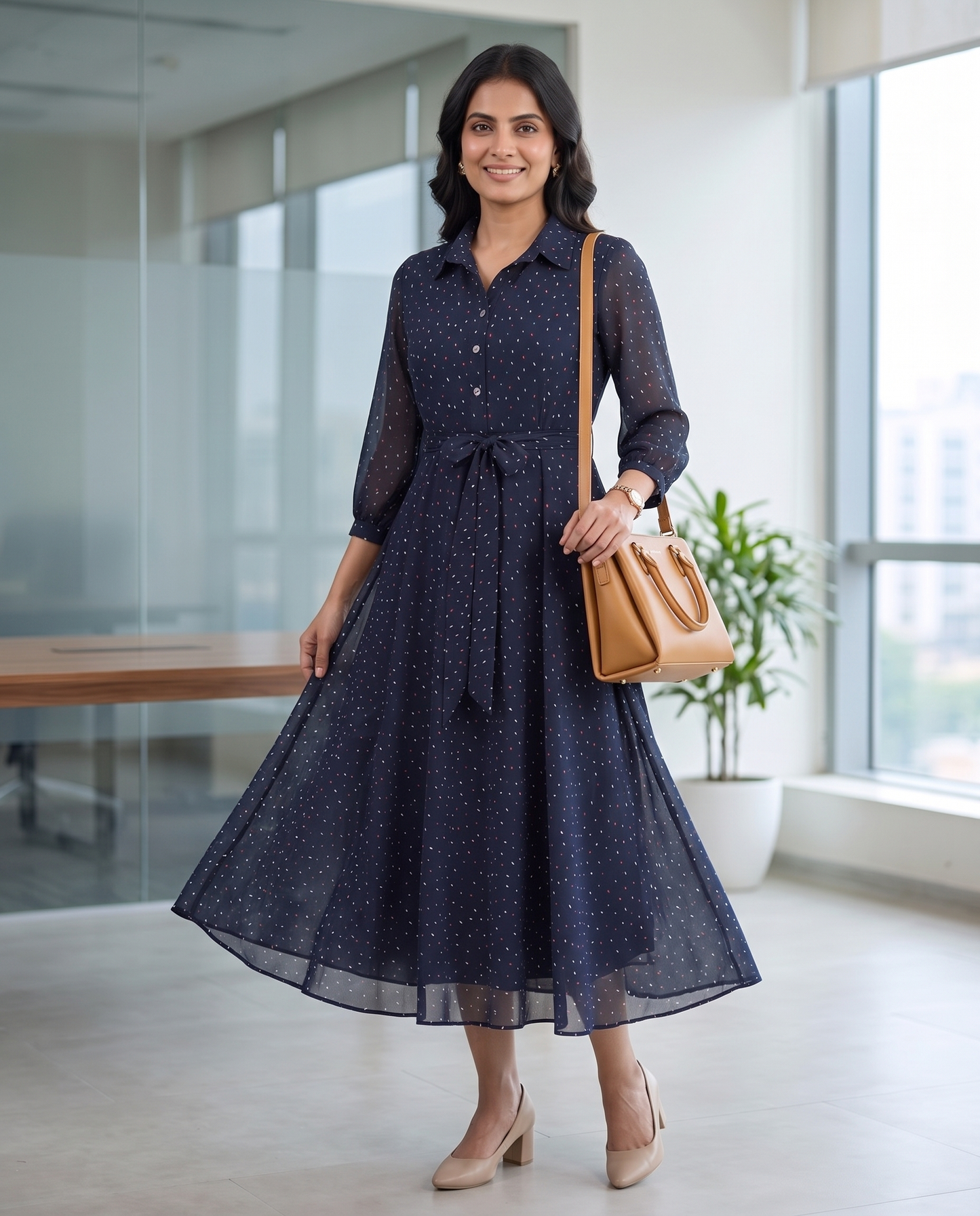 Aubrey Navy dotted collared dress