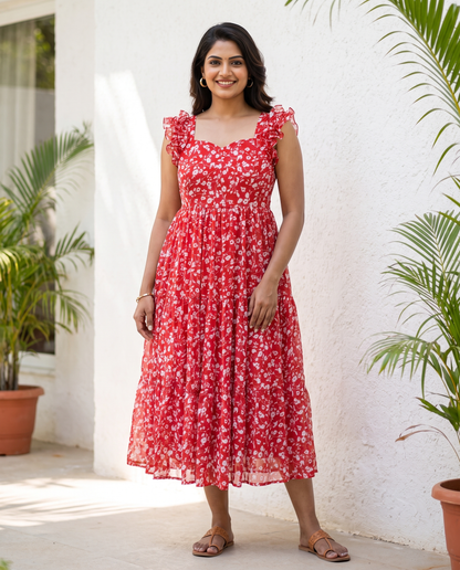 Tressa Scarlet Floral Ruffle Chiffon Dress