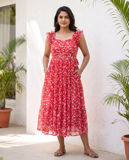 Tressa Scarlet Floral Ruffle Chiffon Dress