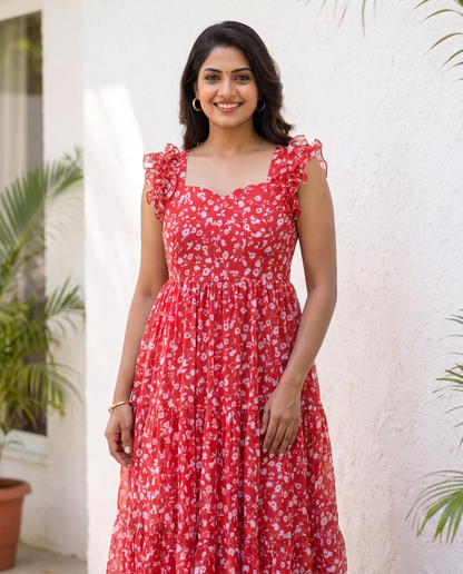 Tressa Scarlet Floral Ruffle Chiffon Dress