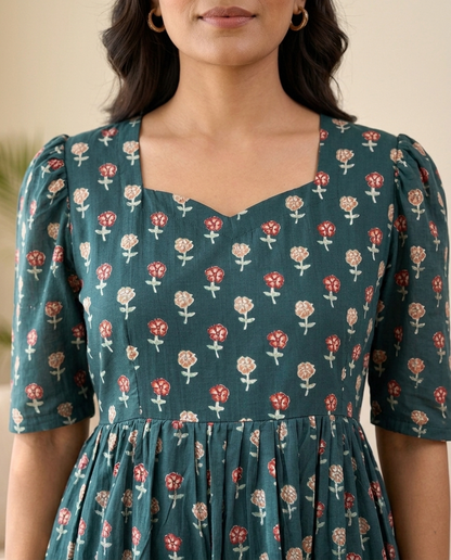 Sylora Deep Teal Floral Tiered Midi Dress