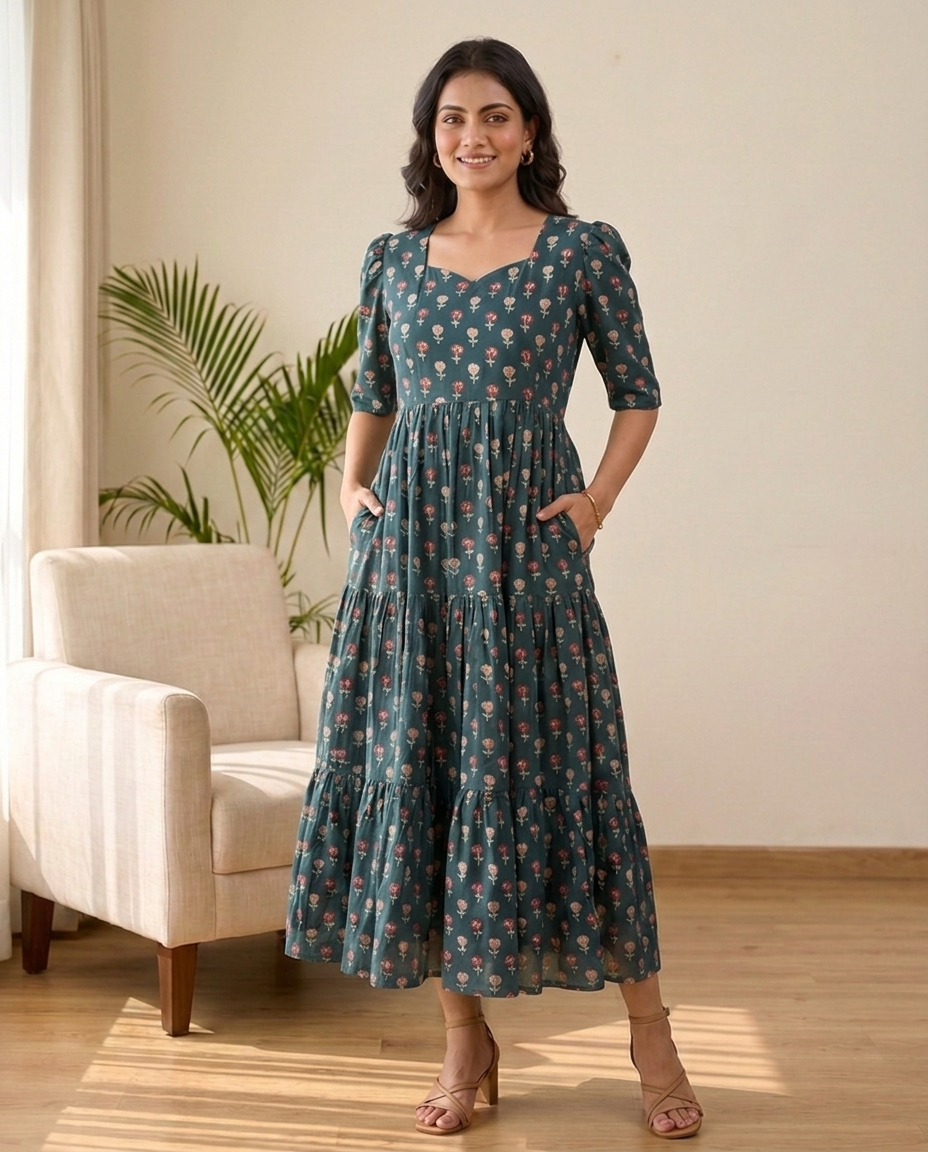 Sylora Deep Teal Floral Tiered Midi Dress