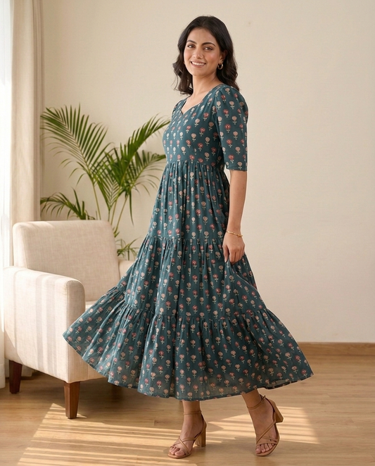 Sylora Deep Teal Floral Tiered Midi Dress