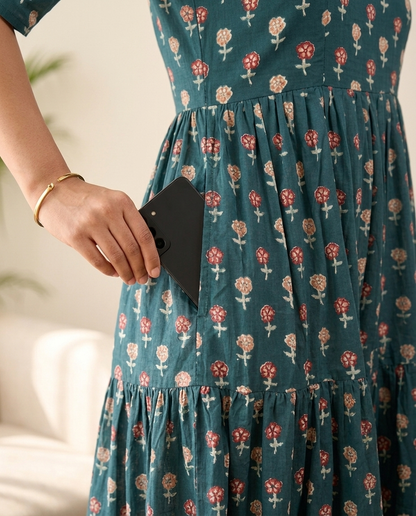 Sylora Deep Teal Floral Tiered Midi Dress