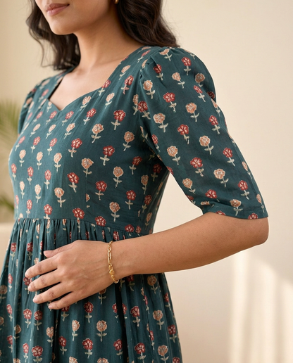 Sylora Deep Teal Floral Tiered Midi Dress