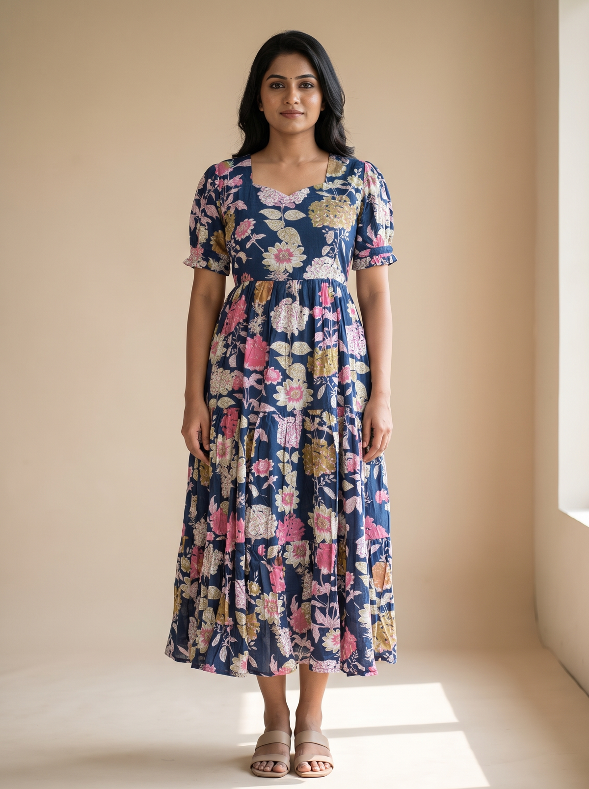 Florielle Navy Floral Tiered Midi Dress