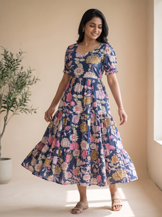 Florielle Navy Floral Tiered Midi Dress