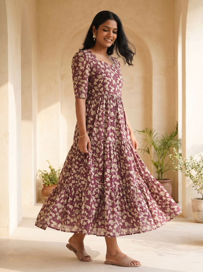 Tavira Wine Floral Tiered Midi Dress