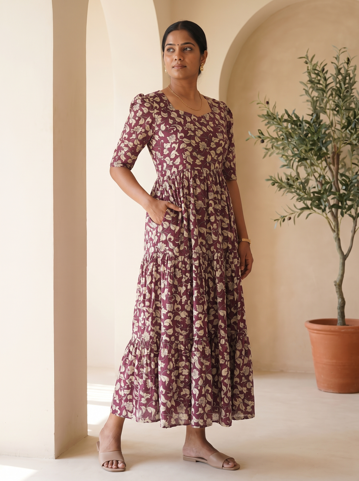 Tavira Wine Floral Tiered Midi Dress