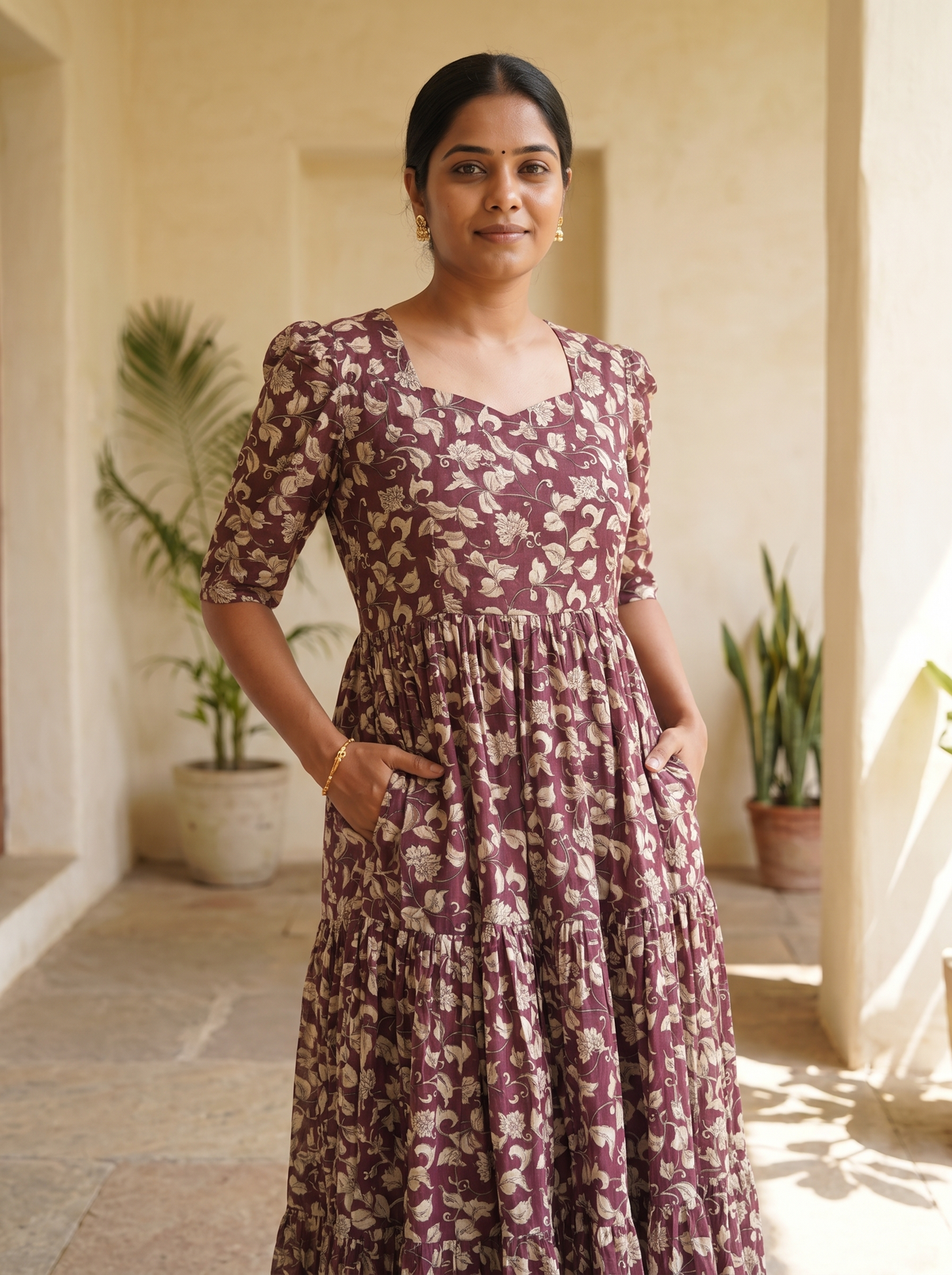 Tavira Wine Floral Tiered Midi Dress