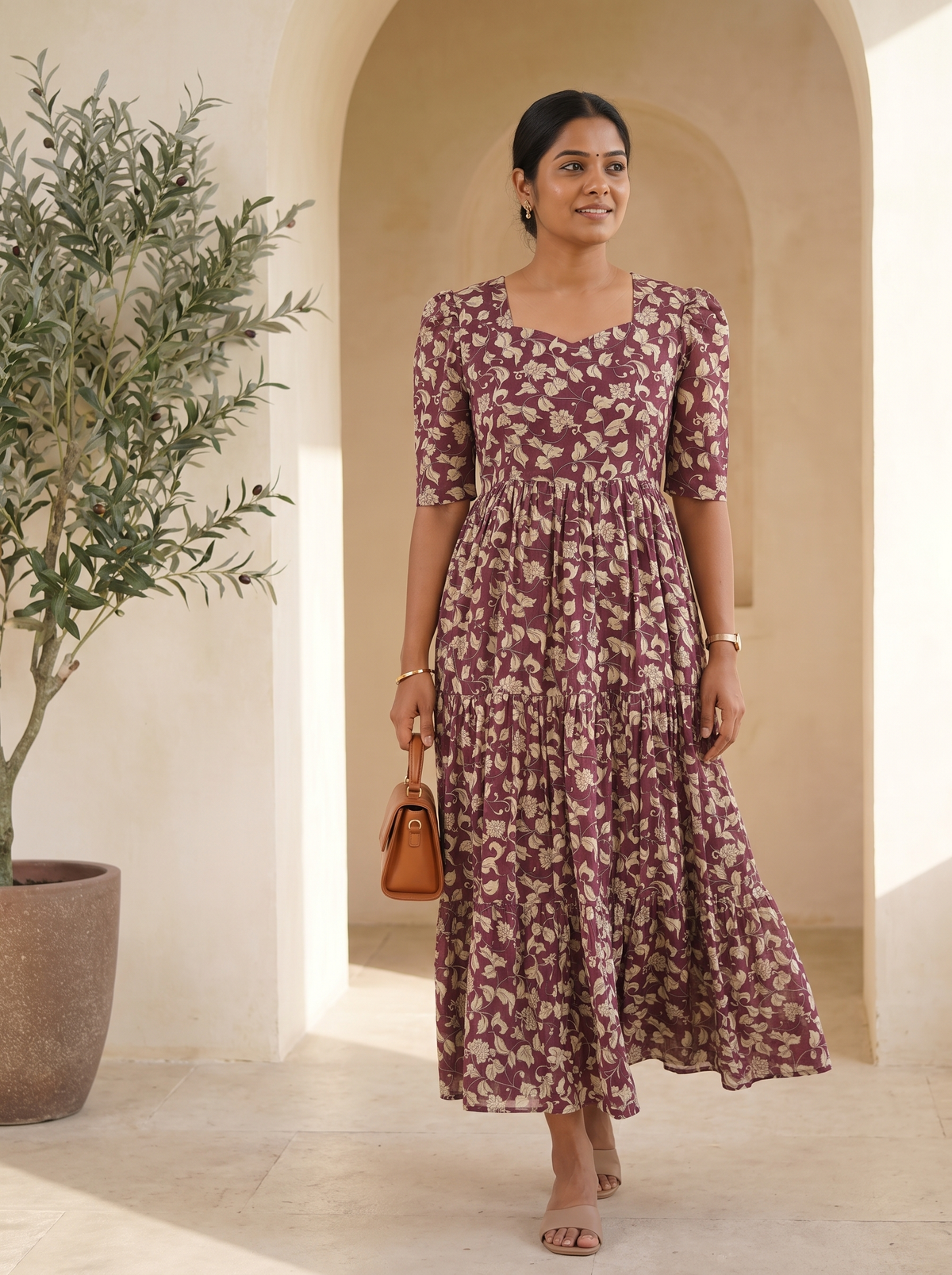 Tavira Wine Floral Tiered Midi Dress