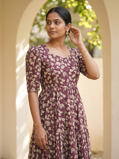 Tavira Wine Floral Tiered Midi Dress