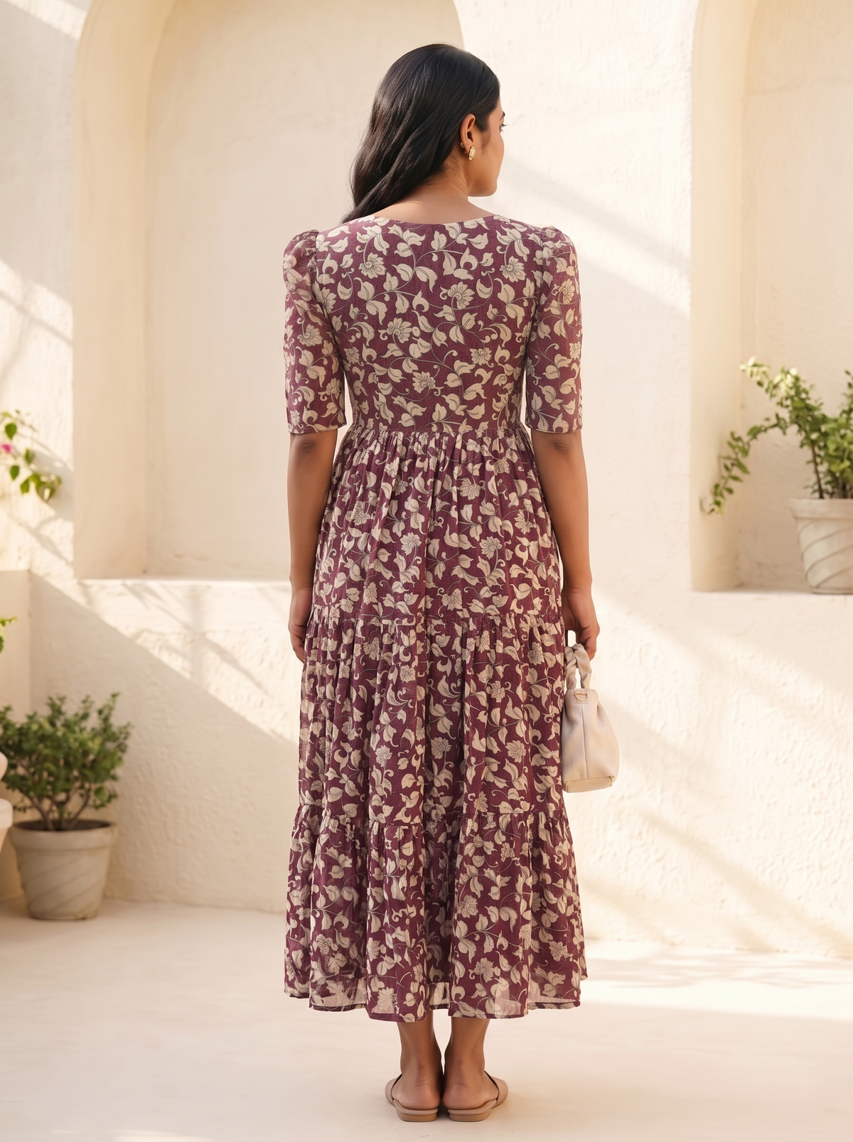 Tavira Wine Floral Tiered Midi Dress