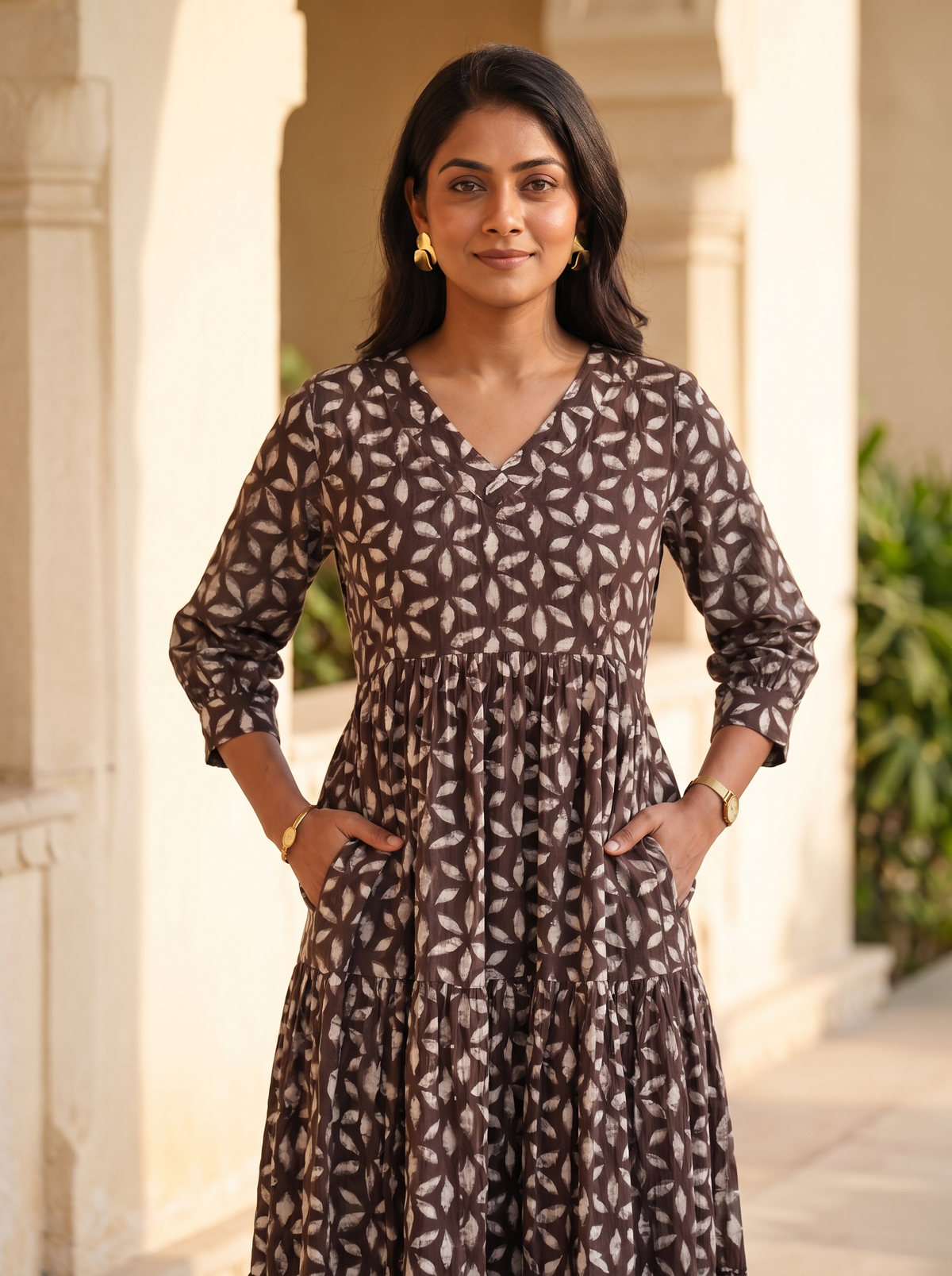 Virelle Brown Leaf-Print Tiered Midi Dress