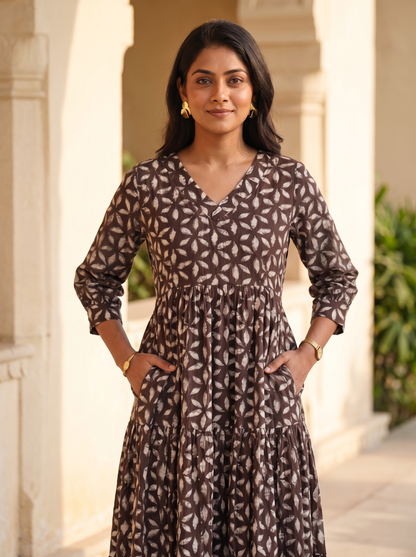 Virelle Brown Leaf-Print Tiered Midi Dress