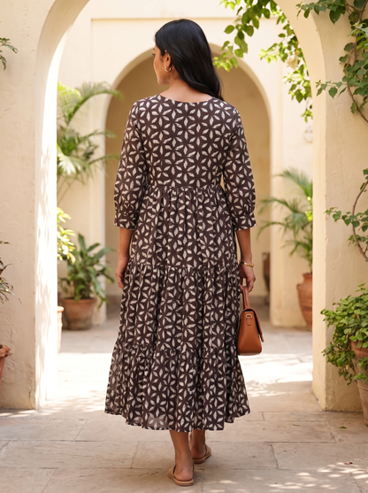Virelle Brown Leaf-Print Tiered Midi Dress