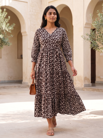Virelle Brown Leaf-Print Tiered Midi Dress
