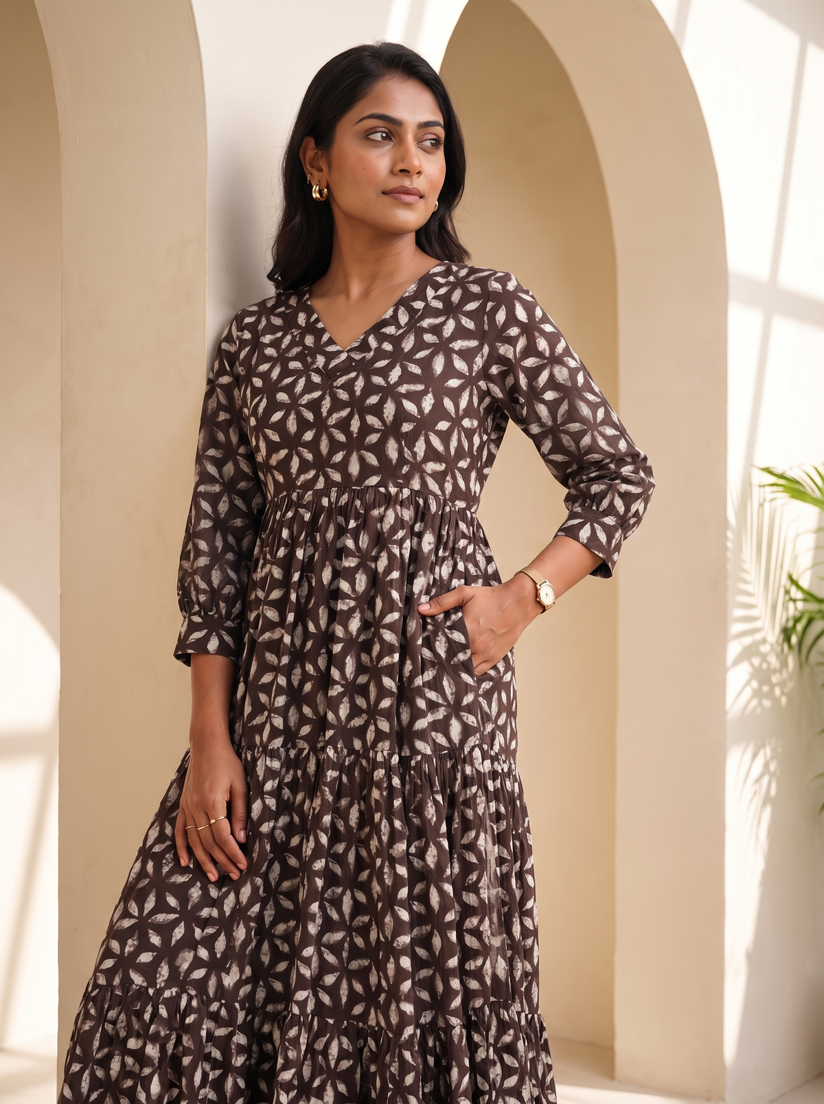 Virelle Brown Leaf-Print Tiered Midi Dress