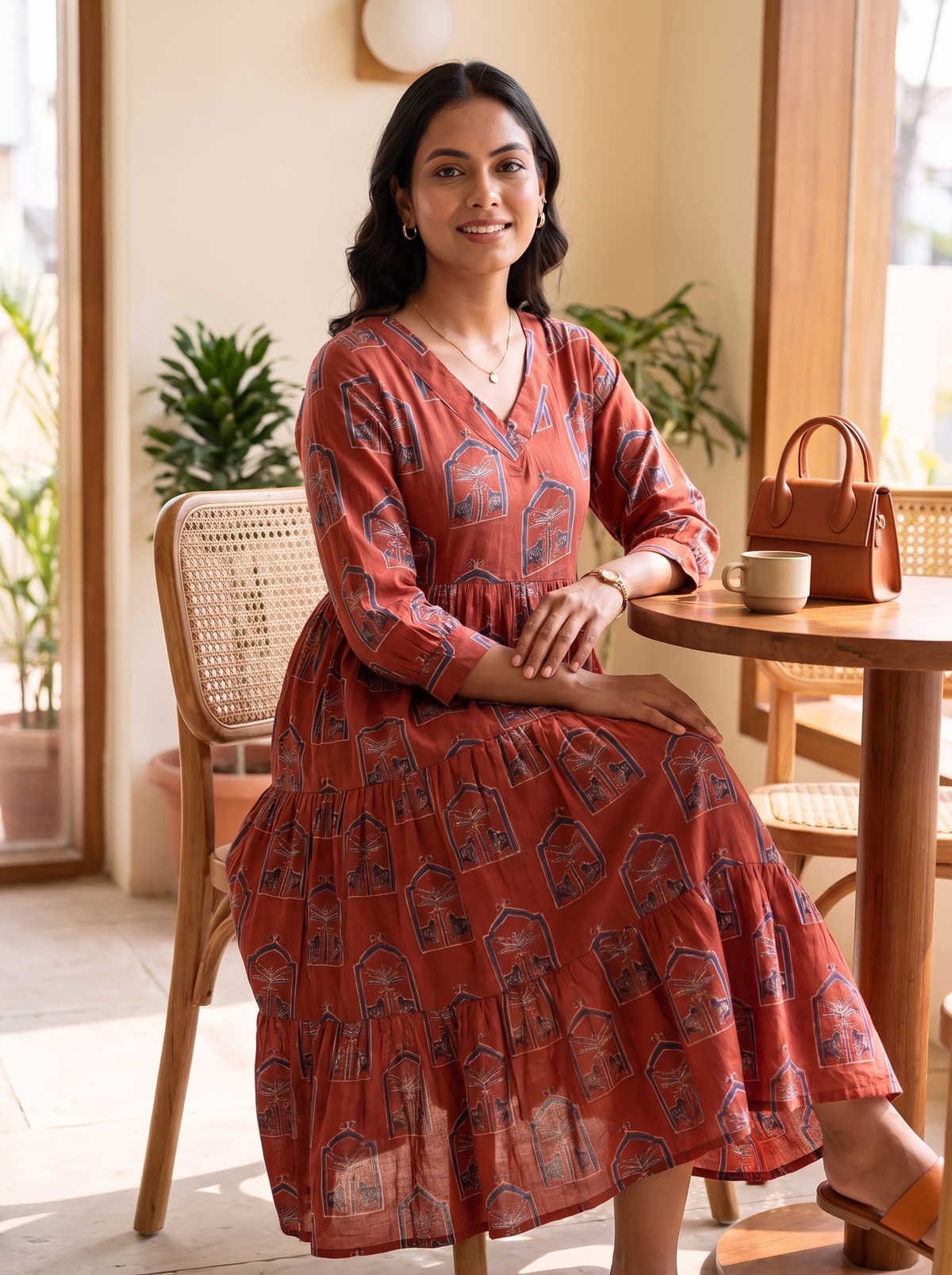 Ruhani Rust Printed Tiered Midi Dress