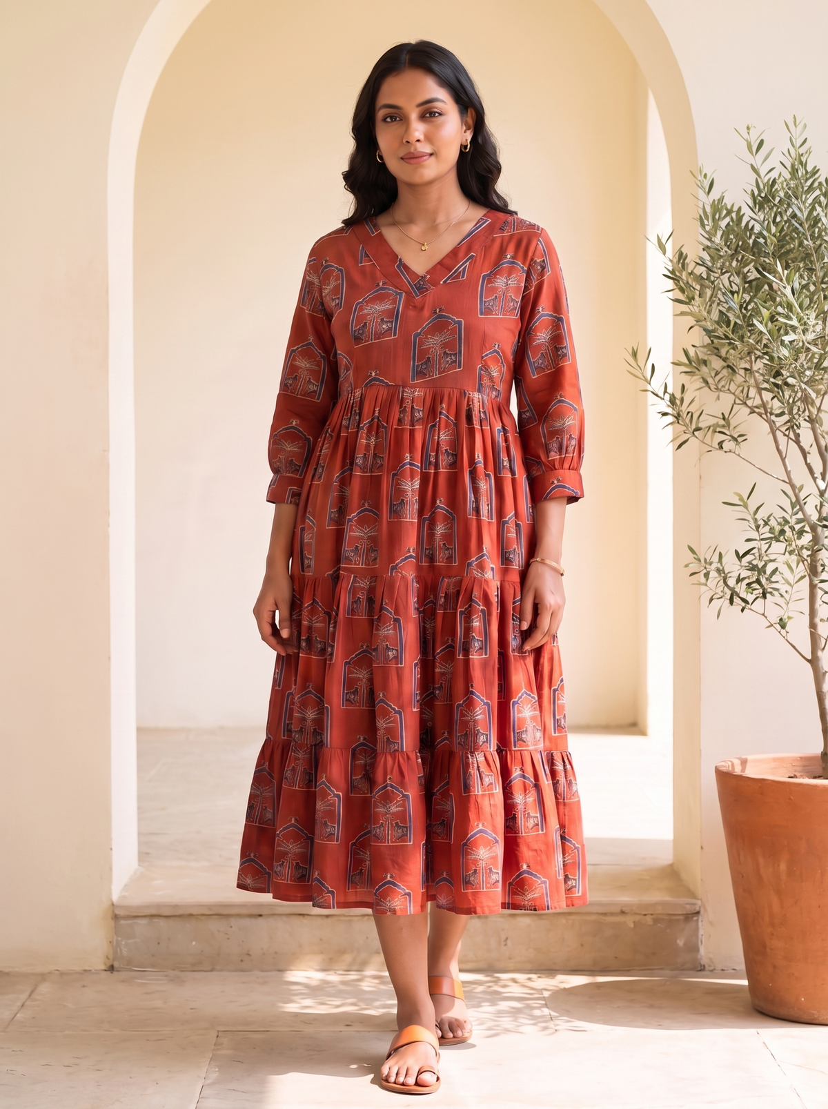Ruhani Rust Printed Tiered Midi Dress