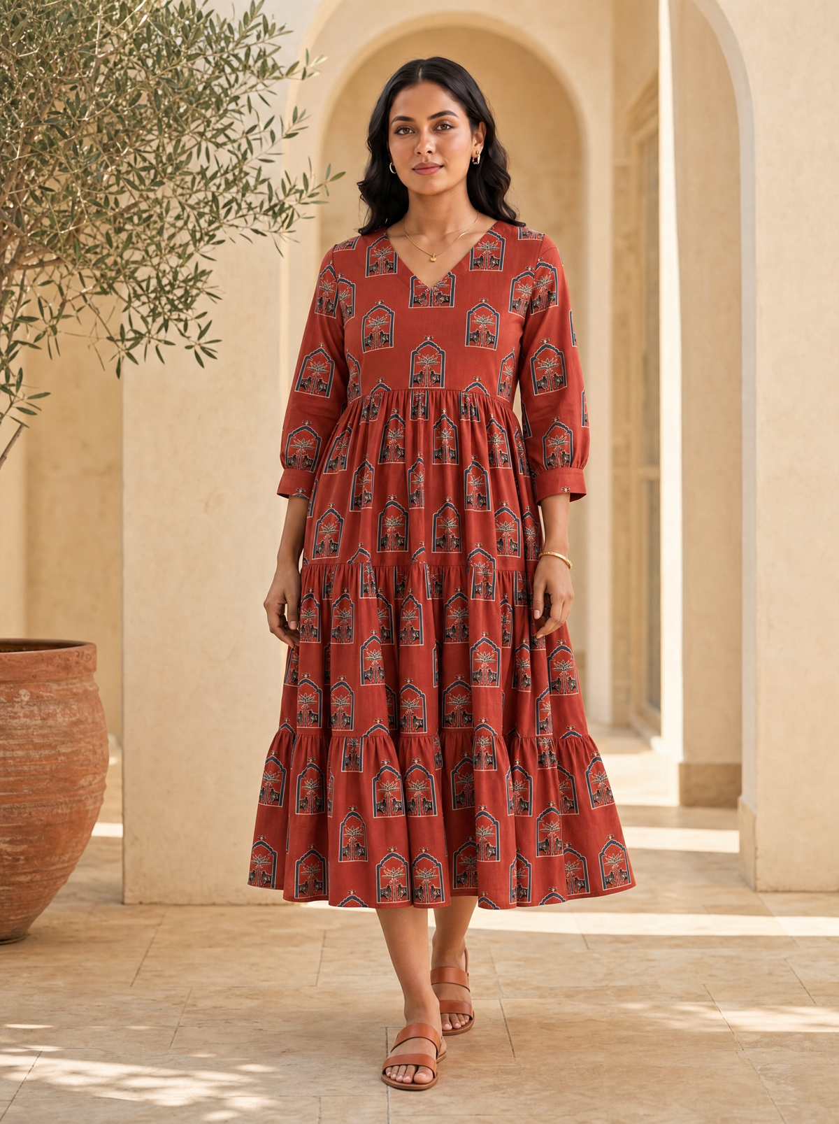Ruhani Rust Printed Tiered Midi Dress
