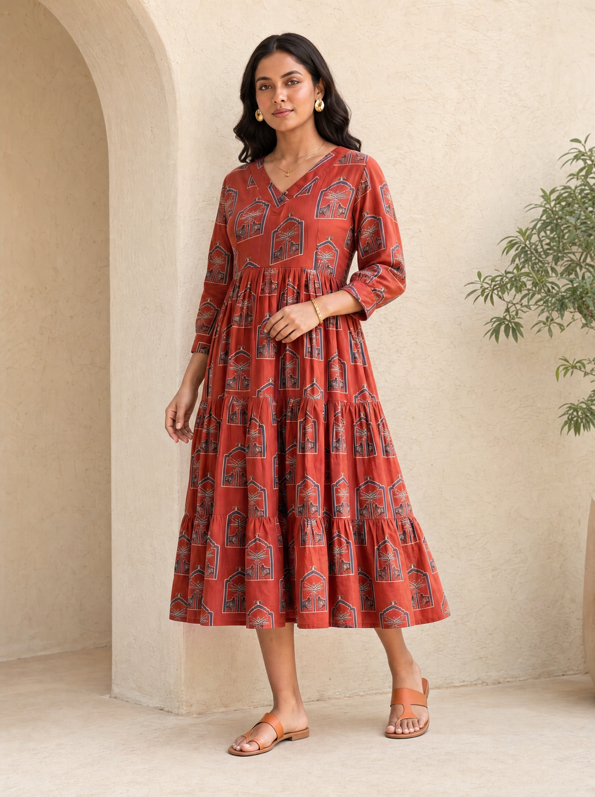 Ruhani Rust Printed Tiered Midi Dress