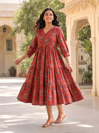 Ruhani Rust Printed Tiered Midi Dress