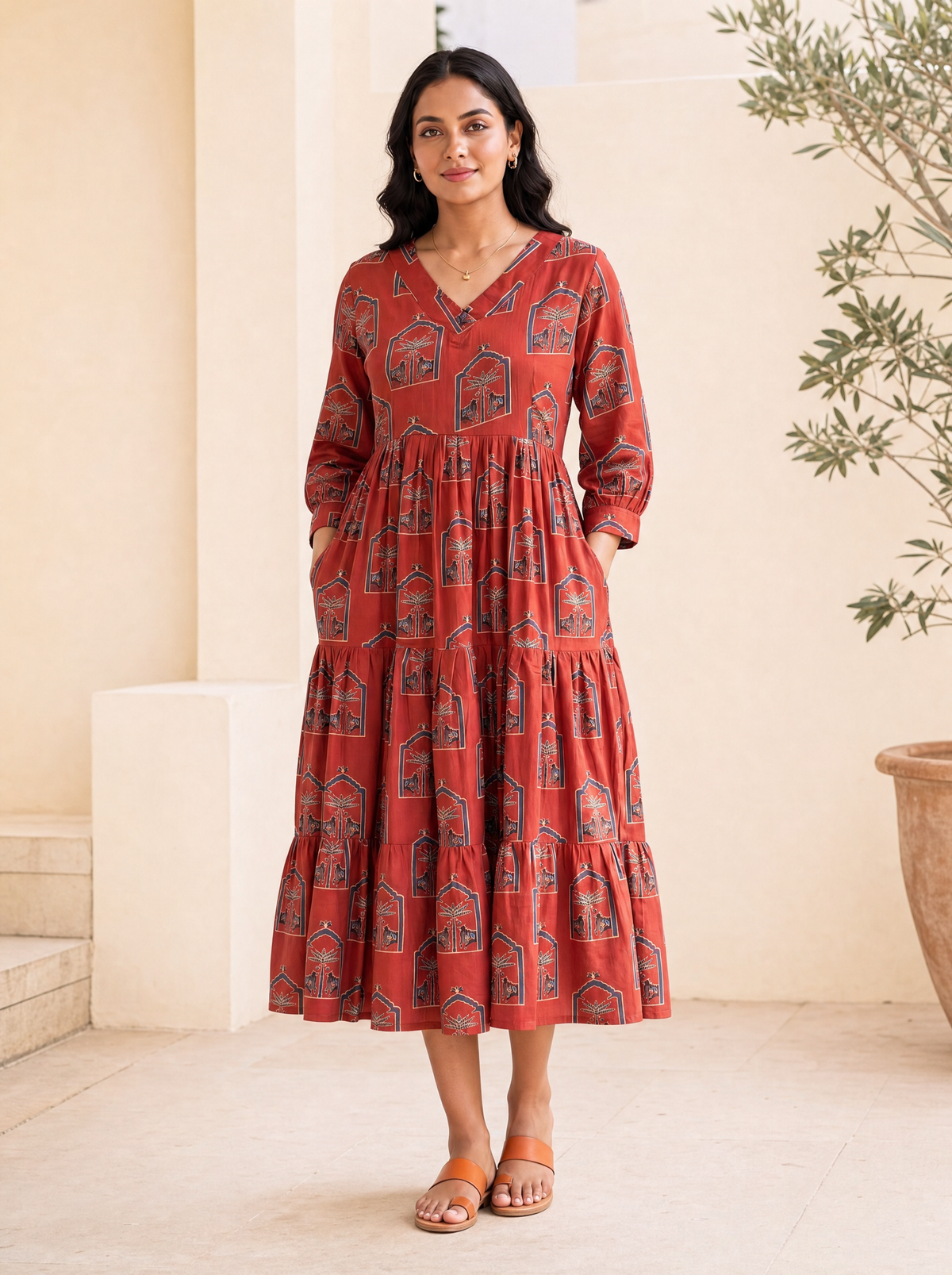 Ruhani Rust Printed Tiered Midi Dress