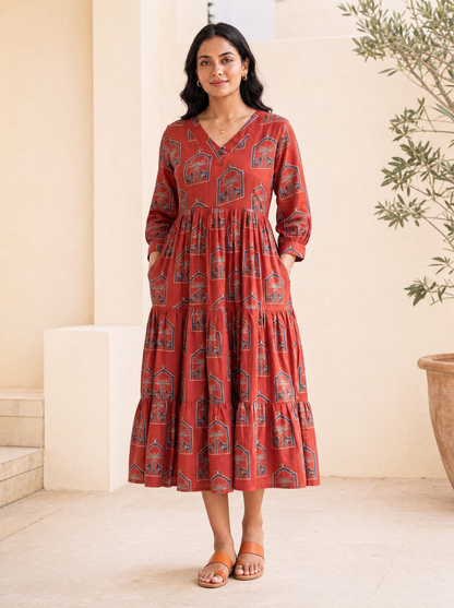 Ruhani Rust Printed Tiered Midi Dress