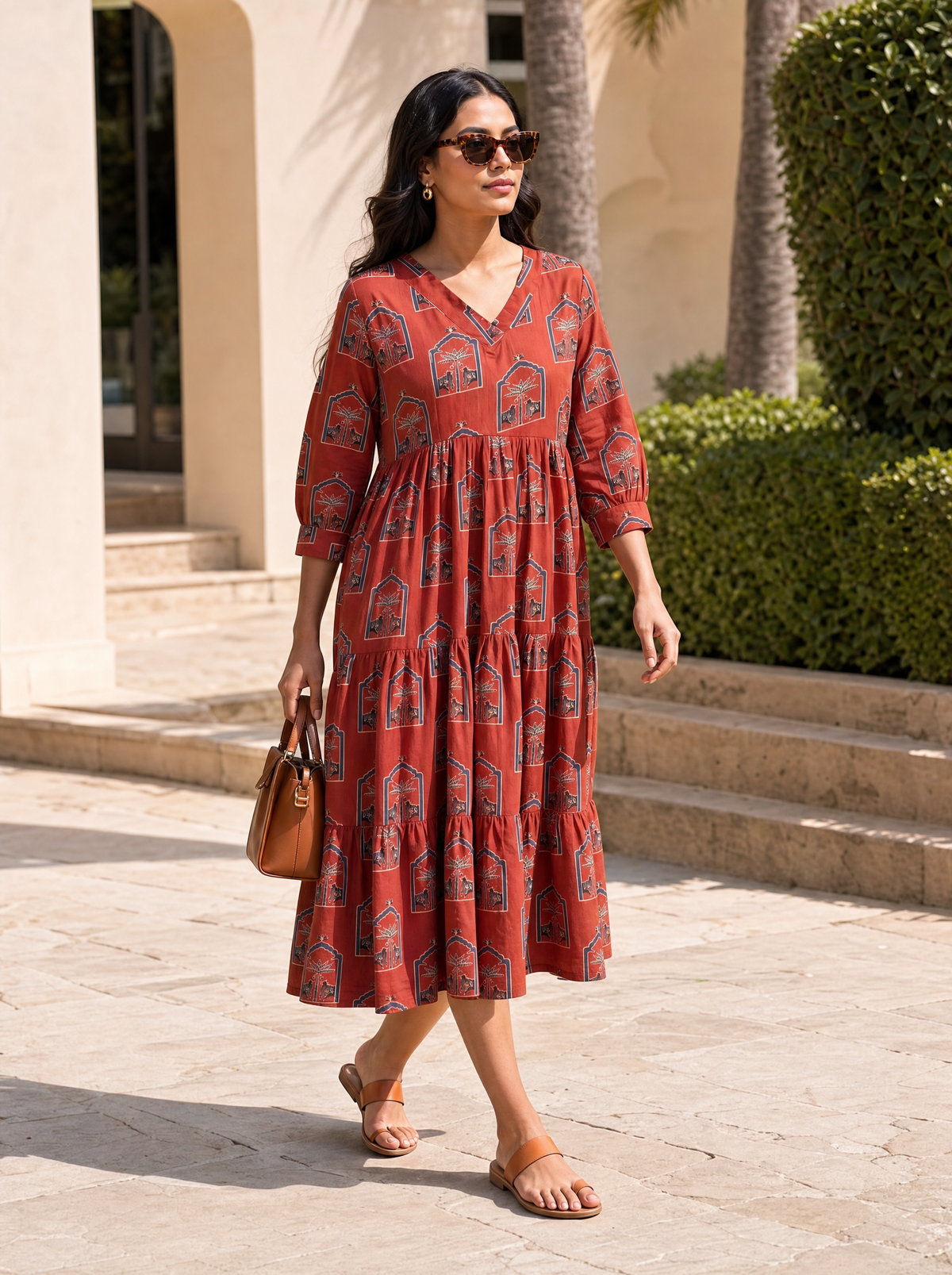 Ruhani Rust Printed Tiered Midi Dress