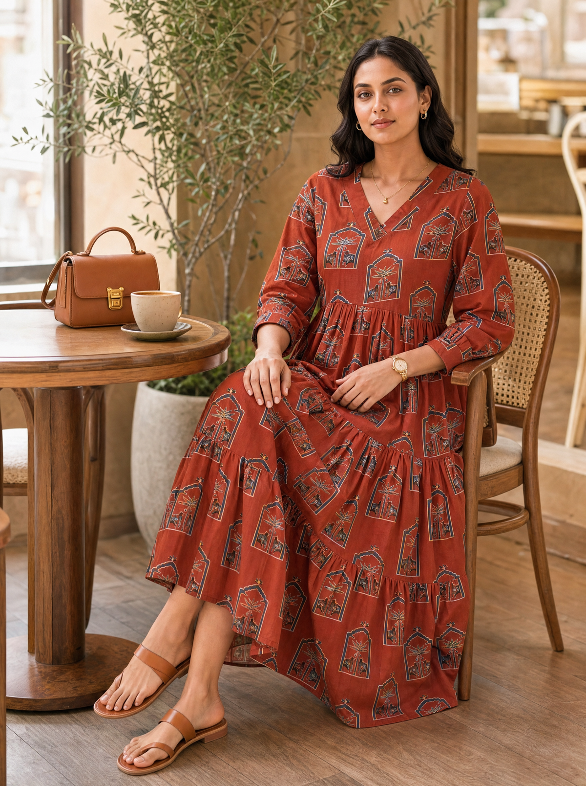 Ruhani Rust Printed Tiered Midi Dress