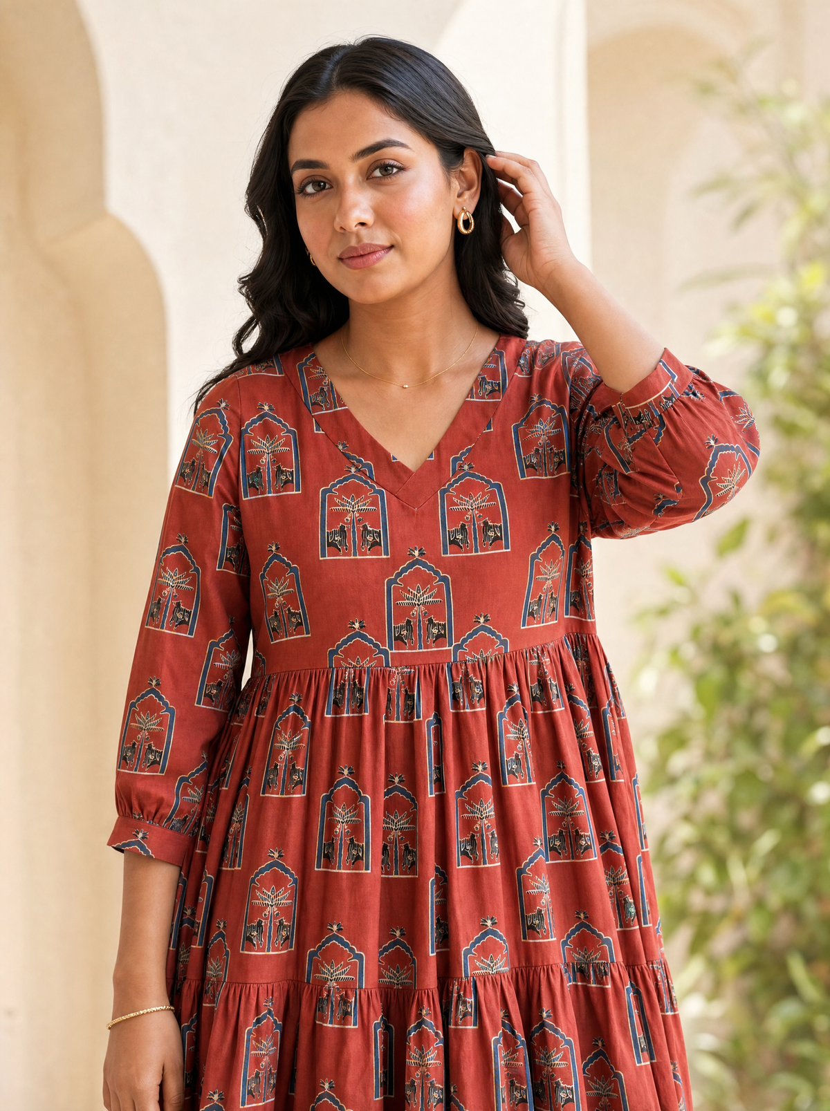 Ruhani Rust Printed Tiered Midi Dress