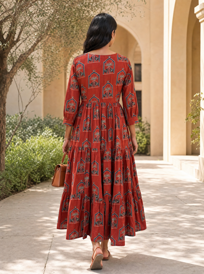 Ruhani Rust Printed Tiered Midi Dress