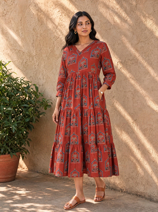 Ruhani Rust Printed Tiered Midi Dress