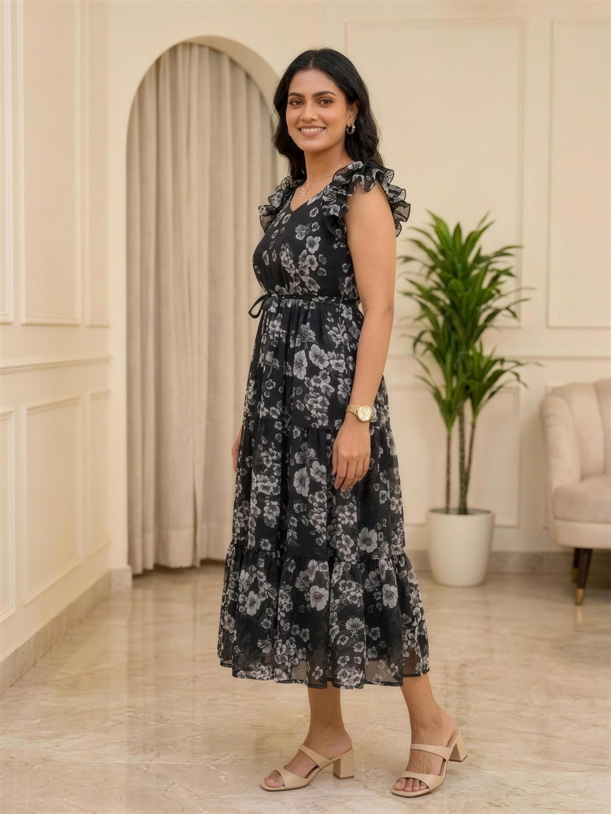 Nerissa Black Floral Ruffle Shoulder Chiffon Dress