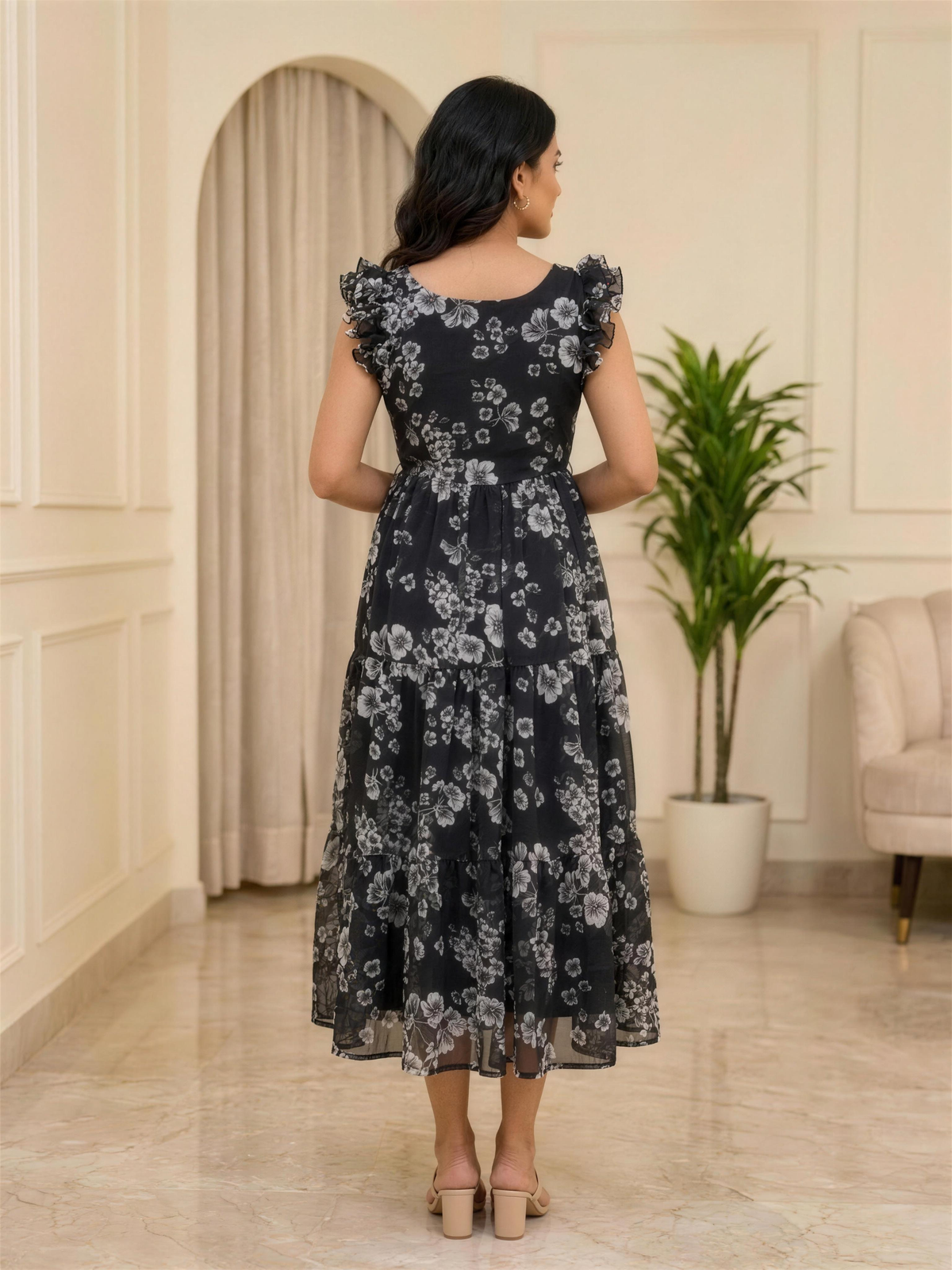 Nerissa Black Floral Ruffle Shoulder Chiffon Dress