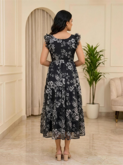 Nerissa Black Floral Ruffle Shoulder Chiffon Dress