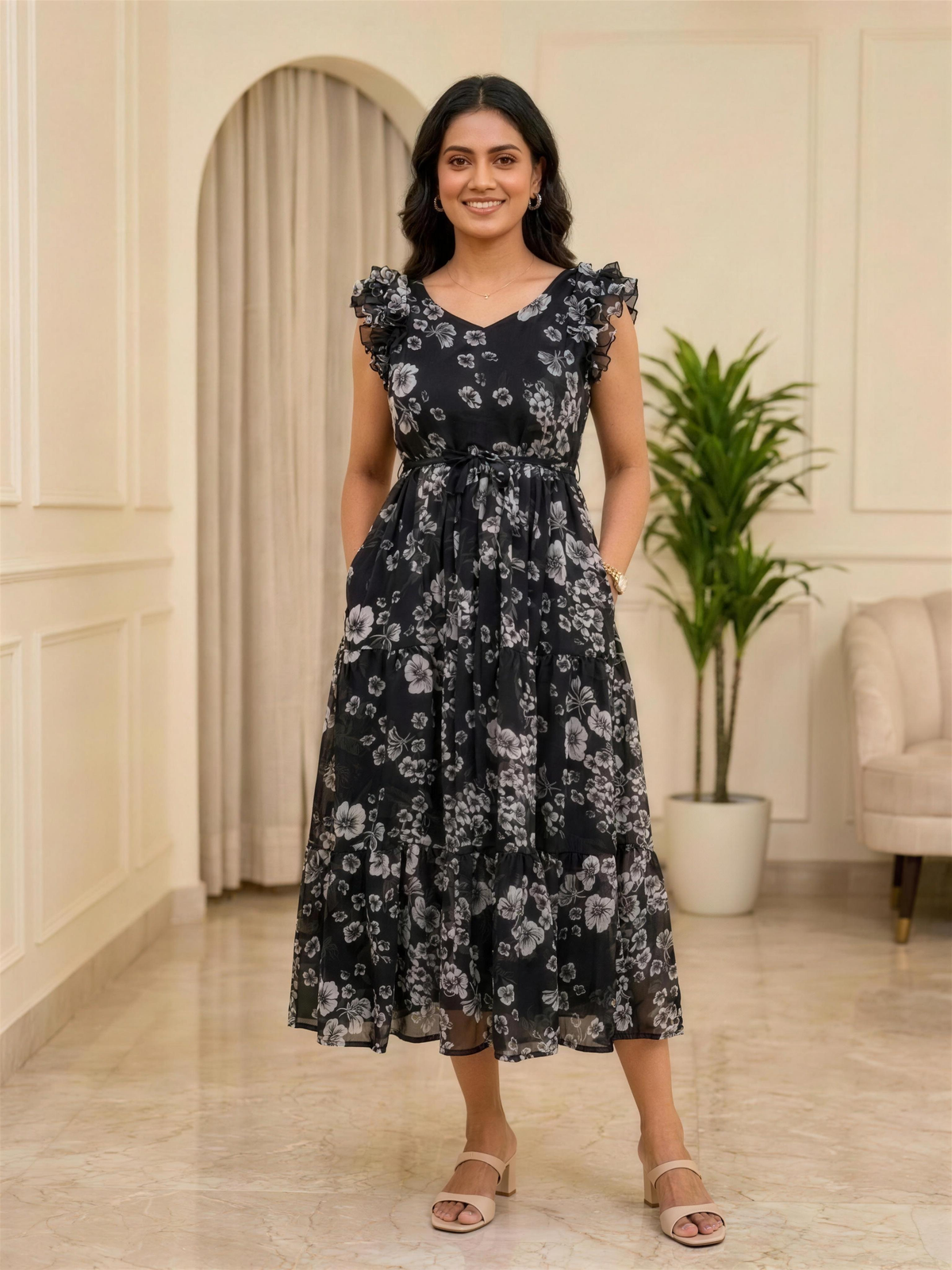 Nerissa Black Floral Ruffle Shoulder Chiffon Dress
