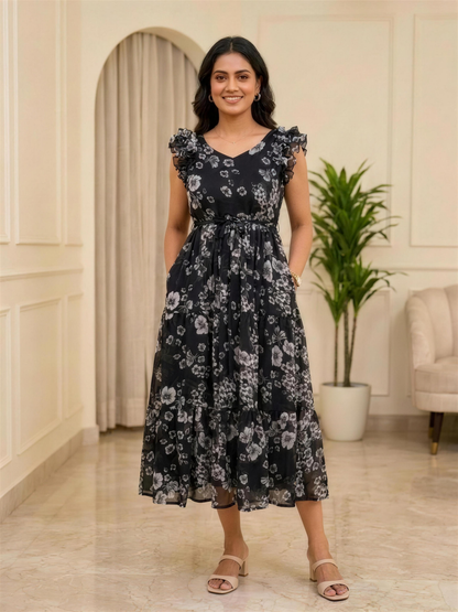 Nerissa Black Floral Ruffle Shoulder Chiffon Dress