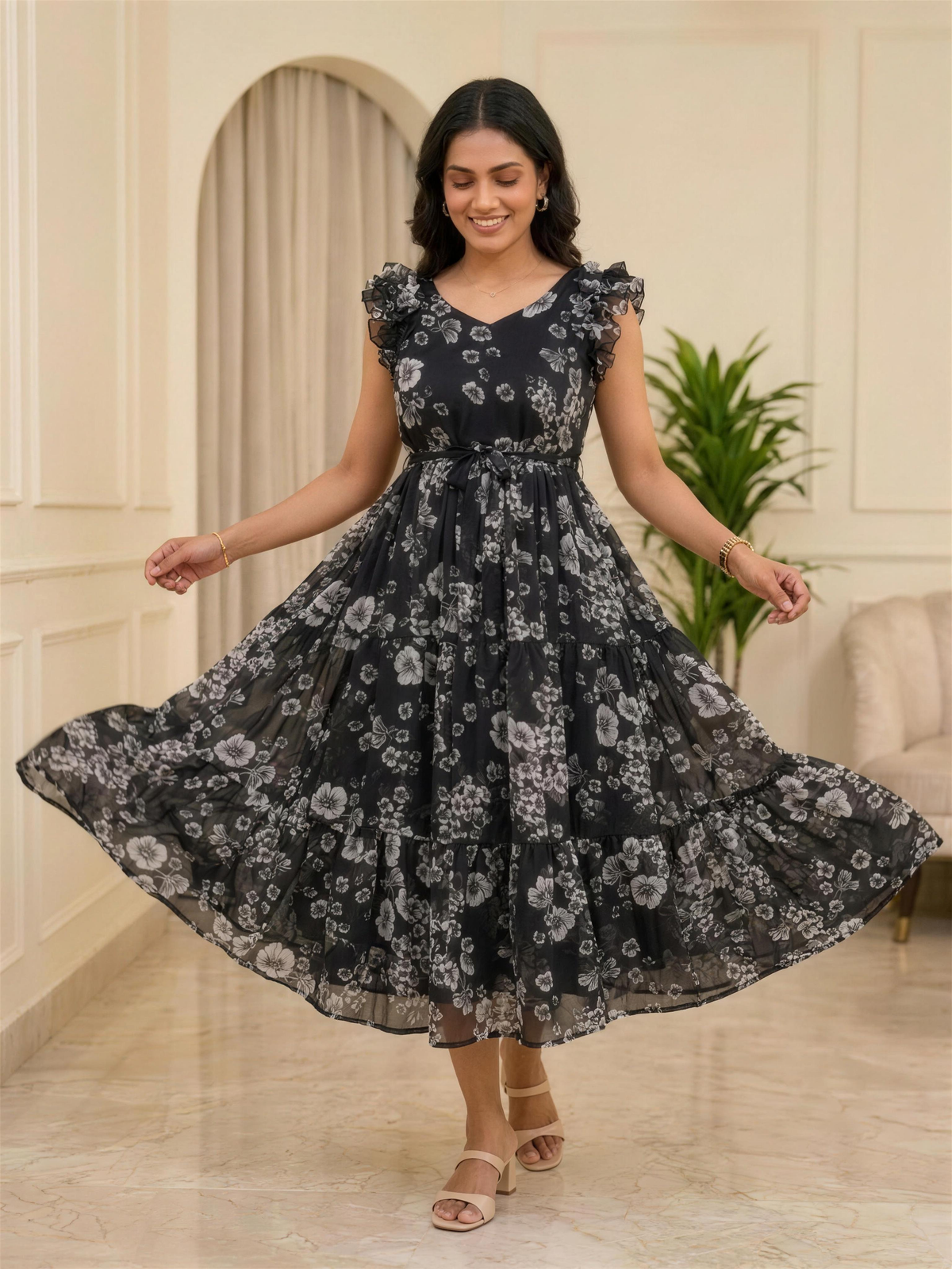 Nerissa Black Floral Ruffle Shoulder Chiffon Dress