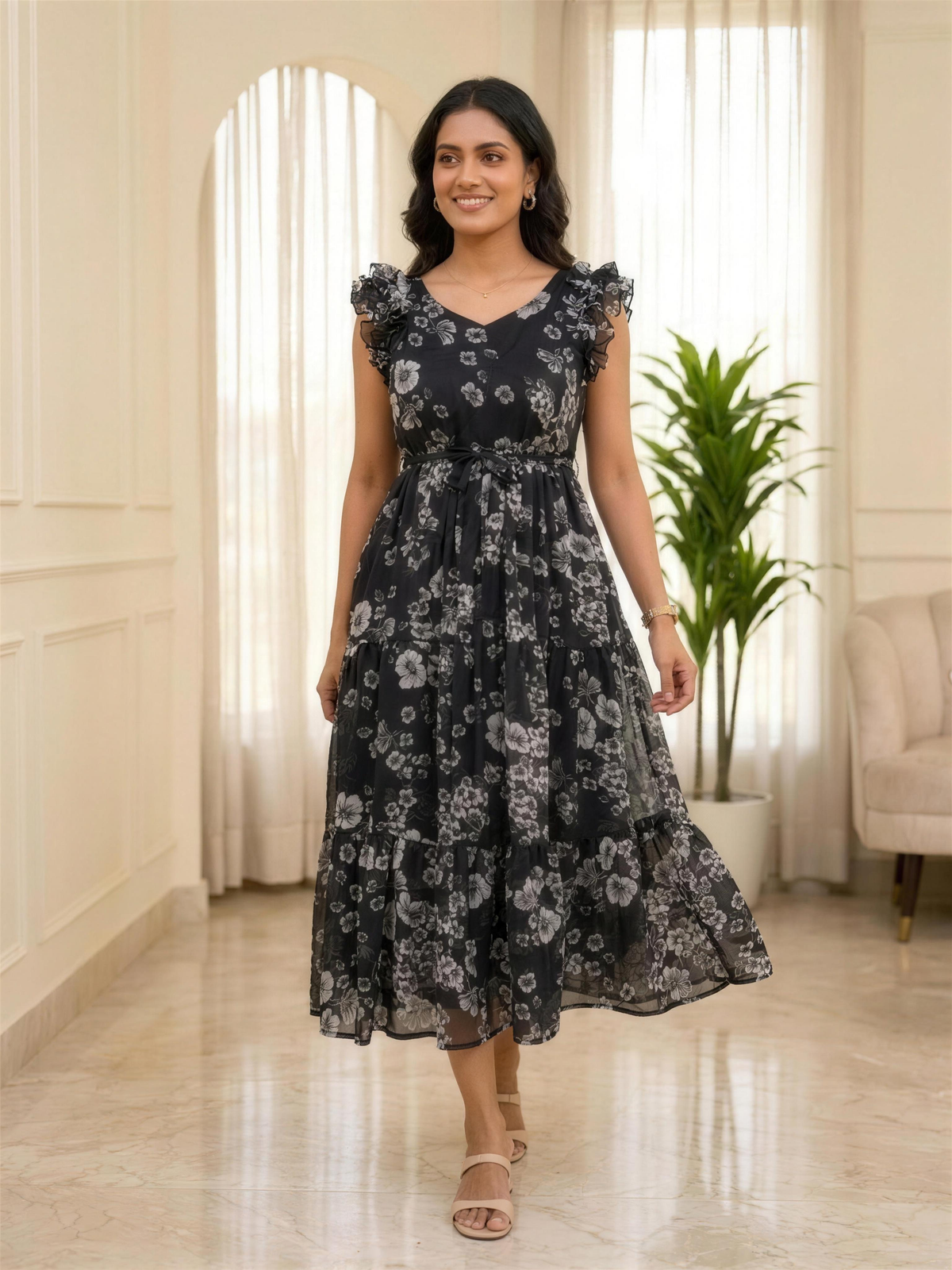 Nerissa Black Floral Ruffle Shoulder Chiffon Dress