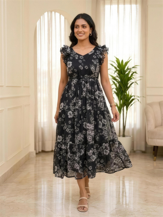 Nerissa Black Floral Ruffle Shoulder Chiffon Dress