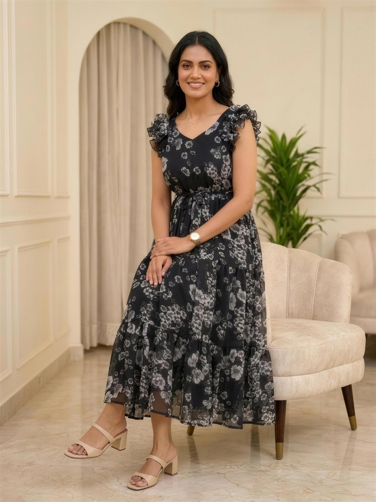 Nerissa Black Floral Ruffle Shoulder Chiffon Dress