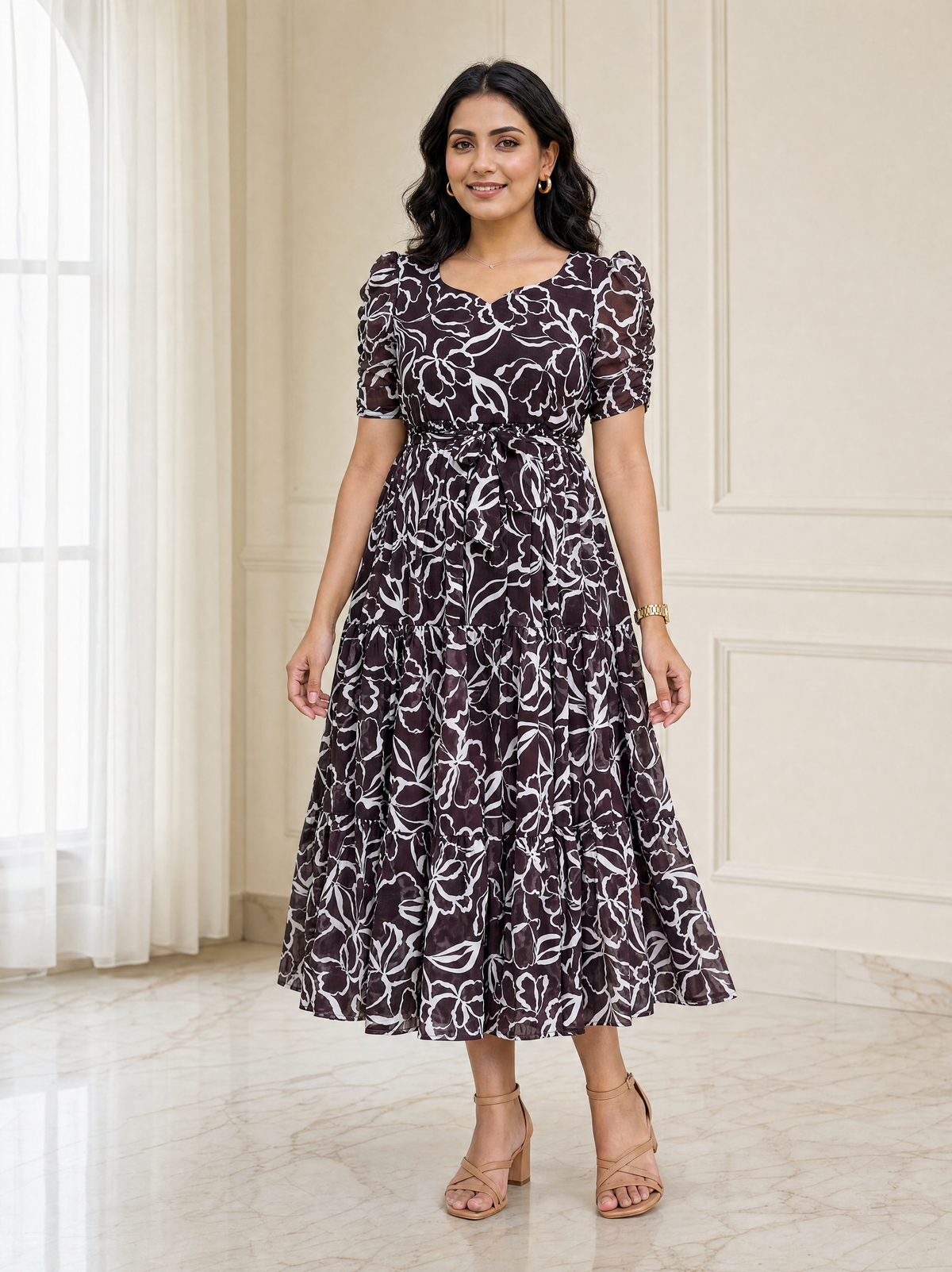 Ashley Brown Floral Ruched Sleeve Chiffon Dress