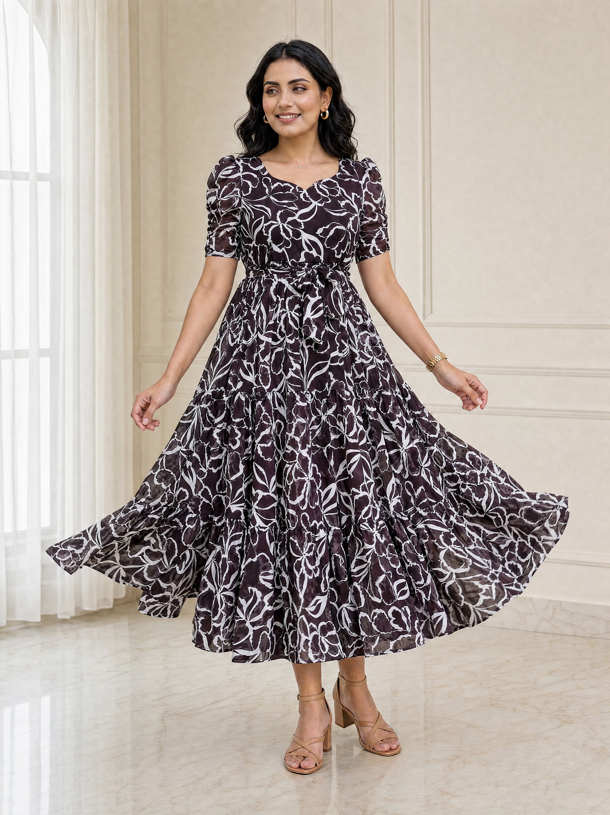 Ashley Brown Floral Ruched Sleeve Chiffon Dress