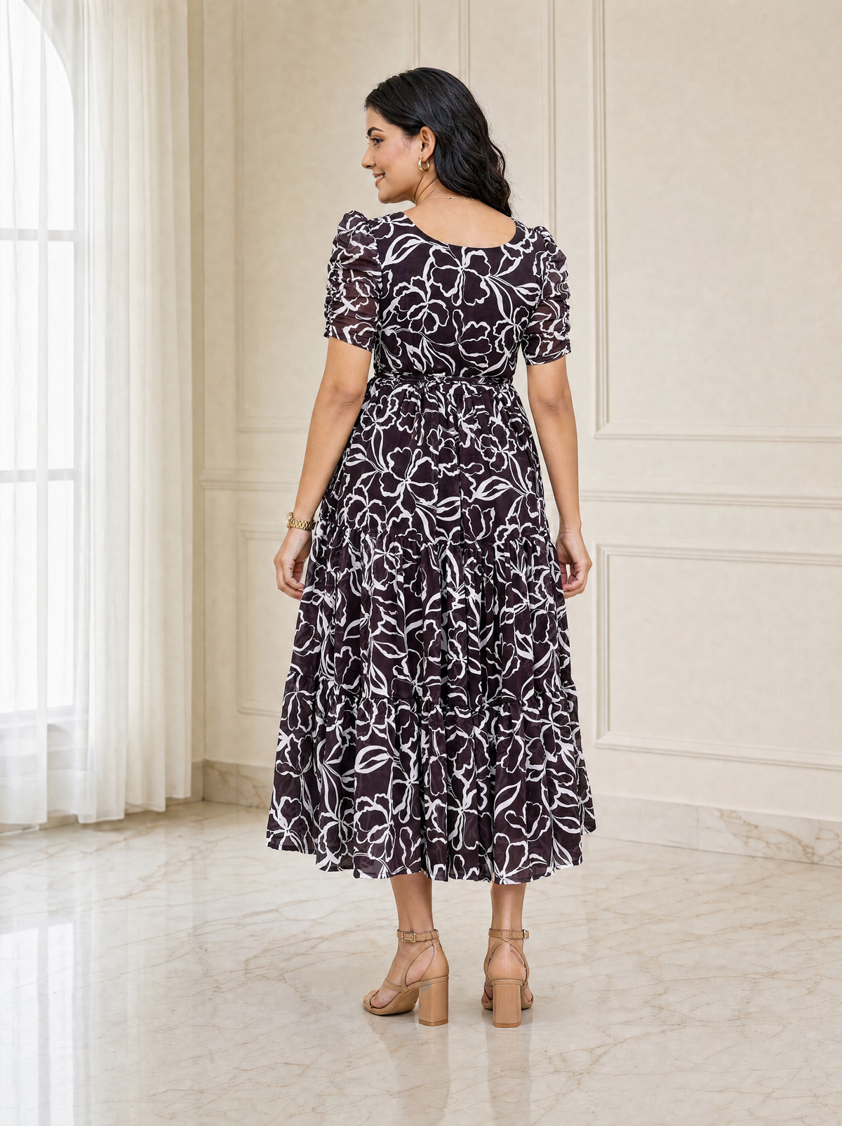 Ashley Brown Floral Ruched Sleeve Chiffon Dress