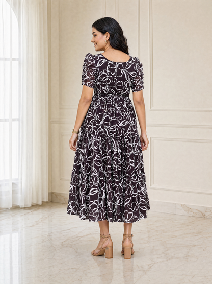 Ashley Brown Floral Ruched Sleeve Chiffon Dress