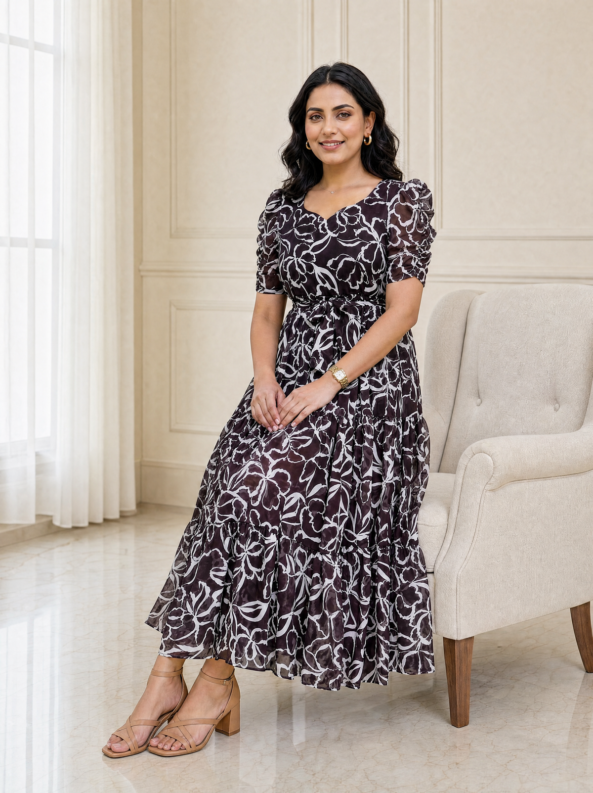 Ashley Brown Floral Ruched Sleeve Chiffon Dress