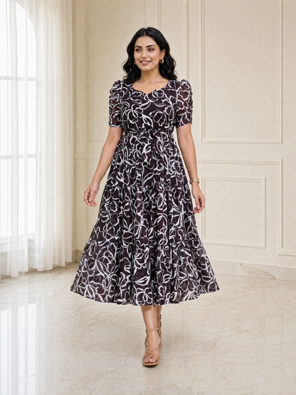 Ashley Brown Floral Ruched Sleeve Chiffon Dress