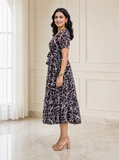 Ashley Brown Floral Ruched Sleeve Chiffon Dress